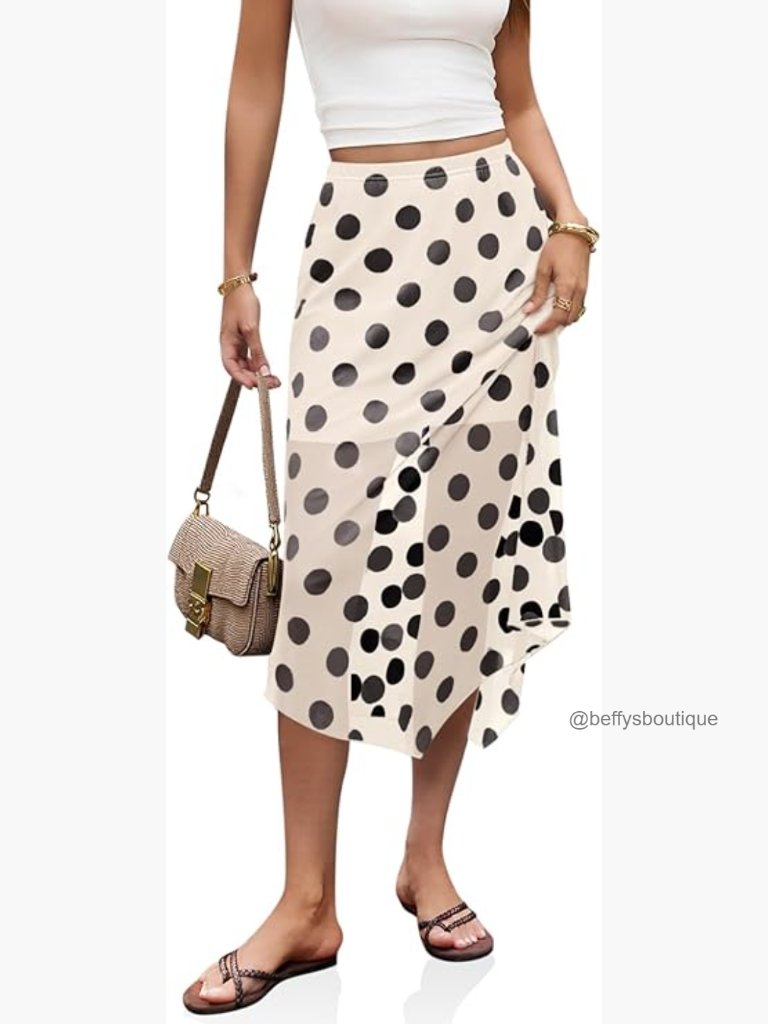 High Waisted Midi Skirt Asymmetrical Hem Flowy Polyester Elastane Summer Boho